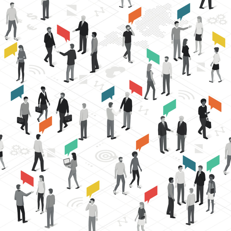 Illustration conceptuelle représentant un réseau d’échanges entre individus en milieu professionnel. Des silhouettes de femmes et d’hommes interagissent dans un espace structuré, ponctué de bulles de dialogue colorées. Cette image symbolise la dynamique du dialogue social en entreprise, avec ses multiples acteurs, points de vue et canaux de communication. Elle évoque la circulation des idées, la pluralité des expressions et la co-construction des décisions dans un cadre structuré.