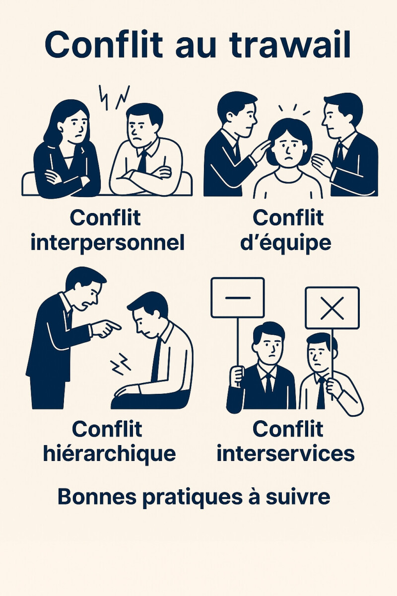 Infographie illustrant quatre types de conflits au travail avec des pictogrammes simples et expressifs : Conflit interpersonnel – deux collègues se font face, bras croisés et expressions contrariées. Conflit d’équipe – une personne au centre visiblement stressée, encadrée par deux collègues qui discutent vivement. Conflit hiérarchique – une figure d’autorité pointe du doigt un employé assis, tête baissée. Conflit interservices – deux collaborateurs tiennent des pancartes avec des symboles opposés (signe moins et croix), exprimant un désaccord. En bas, une mention : « Bonnes pratiques à suivre », suggérant des solutions ou recommandations. L’ensemble vise à sensibiliser aux différents types de conflits professionnels.