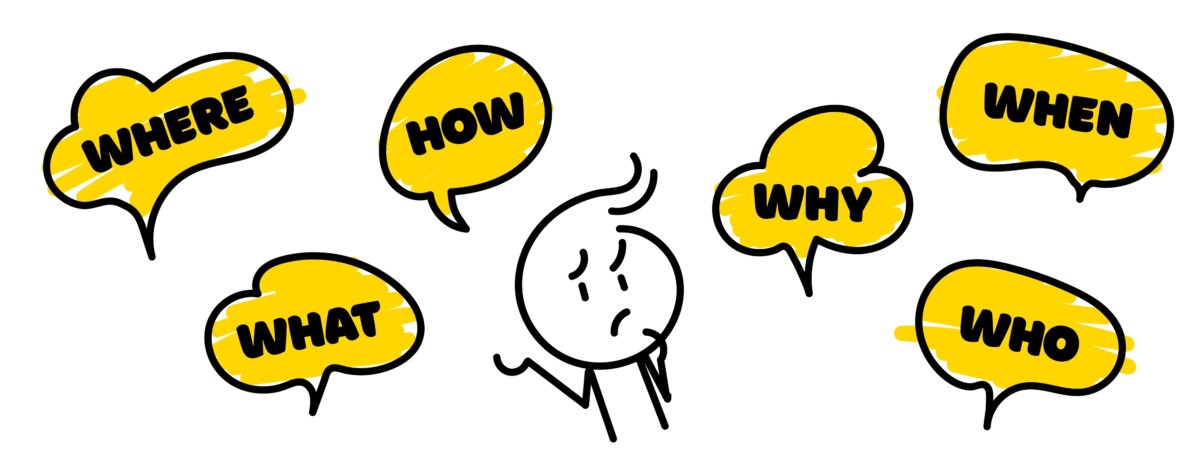 Illustration représentant une figure humaine confuse au centre, entourée de bulles de dialogue jaunes contenant les mots interrogatifs en anglais : "WHO", "WHAT", "WHERE", "WHEN", "WHY", et "HOW". L’image exprime l’incertitude, la recherche d’informations ou la complexité d’un problème nécessitant des réponses multiples.