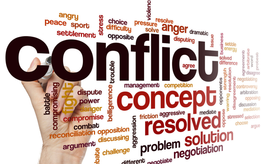 Nuage de mots en anglais autour du thème du conflit, avec des termes tels que 'conflict', 'resolved', 'concept', 'solution', 'negotiation', 'fight', 'argument', 'mediation' et d'autres mots-clés relatifs aux tensions, à la résolution, à la violence et à la réconciliation. Une main écrit le mot 'conflict' au marqueur noir sur un fond blanc.