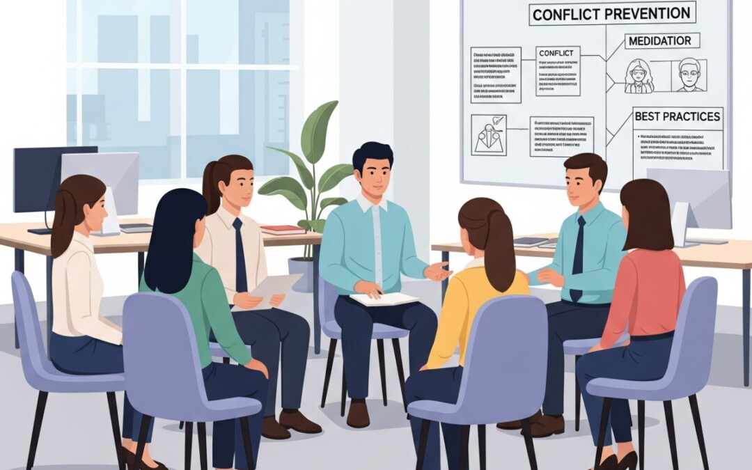 Illustration d’un groupe de personnes assises en cercle dans un environnement de bureau moderne, participant à une séance de médiation ou de gestion de conflits. Un homme, probablement le médiateur, anime la discussion. À l’arrière-plan, un tableau affiche les mots « Conflict Prevention », « Mediation » et « Best Practices », avec des schémas explicatifs. L’ambiance est collaborative et centrée sur la résolution constructive des tensions en milieu professionnel.