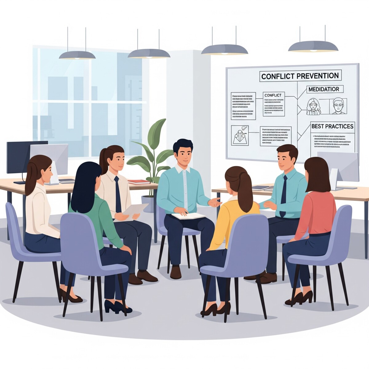 Illustration d’un groupe de personnes assises en cercle dans un environnement de bureau moderne, participant à une séance de médiation ou de gestion de conflits. Un homme, probablement le médiateur, anime la discussion. À l’arrière-plan, un tableau affiche les mots « Conflict Prevention », « Mediation » et « Best Practices », avec des schémas explicatifs. L’ambiance est collaborative et centrée sur la résolution constructive des tensions en milieu professionnel.