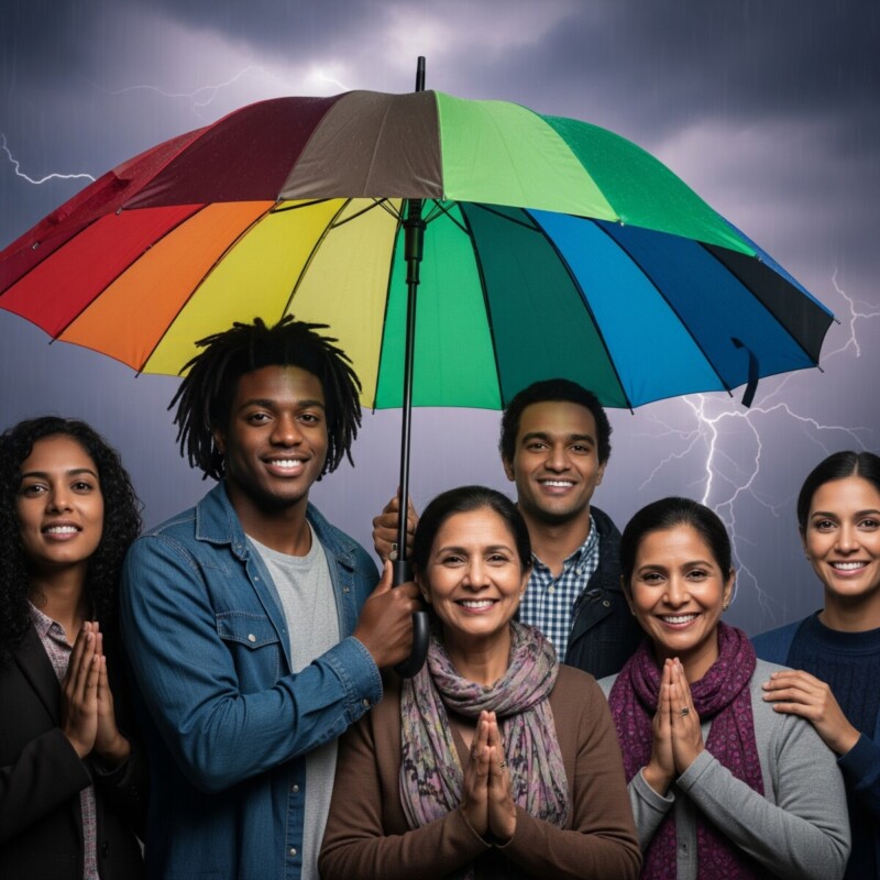 Un groupe de personnes souriantes, d’origines diverses, se tient uni sous un grand parapluie arc-en-ciel alors qu’un orage éclate en arrière-plan. Le parapluie symbolise la protection et la solidarité face aux tensions ou aux crises. L’ambiance est chaleureuse malgré le contexte menaçant, évoquant la résilience collective et le soutien mutuel en période de difficultés.