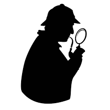 Silhouette noire d’un détective tenant une loupe d’une main et une pipe de l’autre, coiffé d’un chapeau de type « deerstalker », emblématique du personnage fictif de Sherlock Holmes, symbolisant l’enquête, l’analyse ou la recherche d’indices.