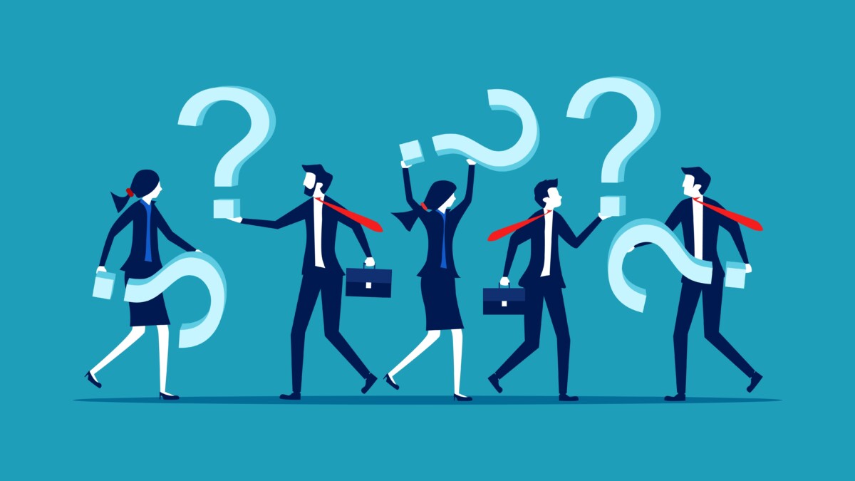 Illustration vectorielle représentant cinq professionnels en costume tenant chacun un grand point d’interrogation, exprimant la confusion ou l’incertitude en milieu de travail. Les personnages, hommes et femmes, sont en mouvement, portant une mallette et arborant des cravates rouges, symbolisant le monde de l’entreprise. L’image illustre de manière stylisée le questionnement collectif face à des problématiques complexes, un manque de clarté ou un besoin d’orientation stratégique.