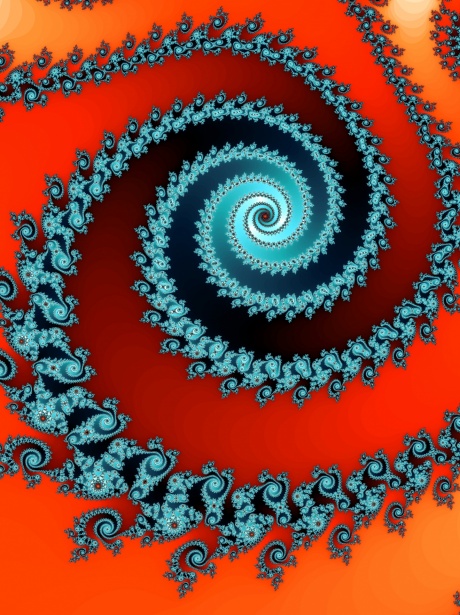 Illustration abstraite représentant une spirale fractale bleue sur un fond rouge vif. Cette composition visuellement hypnotique évoque la complexité croissante et les boucles répétitives que peut prendre un conflit au travail, lorsqu'il n'est pas traité à temps. À l’image de cette spirale infinie, un désaccord mal géré peut s’intensifier, se répliquer à différents niveaux de l’organisation, et absorber l’énergie collective, tout en restant difficile à résoudre sans intervention structurée.