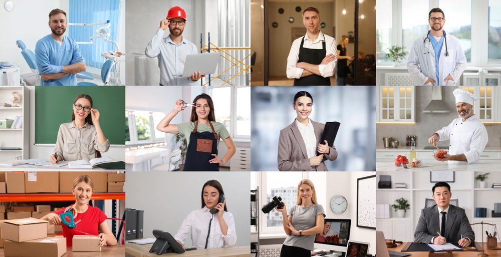 Mosaïque de portraits de professionnels issus de secteurs variés – santé, éducation, logistique, restauration, commerce, administration – illustrant la diversité des métiers et des personnalités dans le monde du travail. Cette diversité, bien que précieuse, peut parfois être à l'origine d’un conflit en entreprise si les différences de culture professionnelle, de communication ou d’objectifs ne sont pas prises en compte dans la gestion des équipes et des relations humaines.