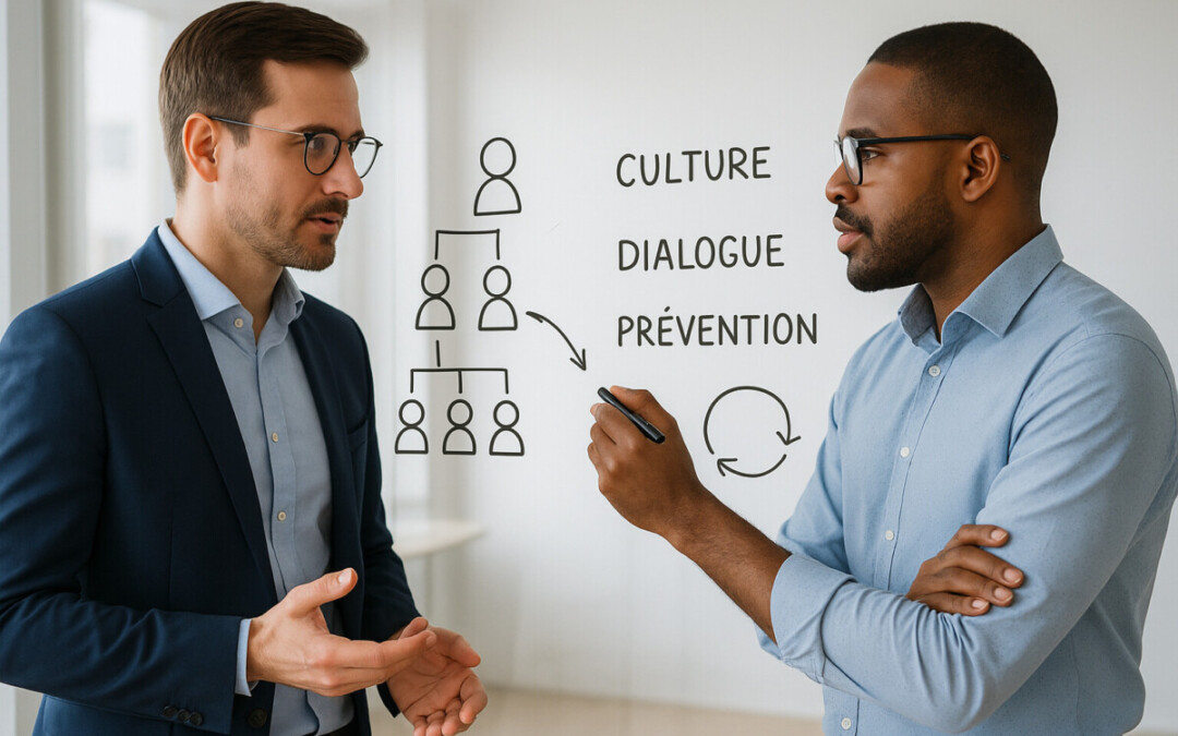 Deux collègues échangent de manière constructive devant un tableau blanc illustré de schémas hiérarchiques et de mots-clés tels que culture, dialogue et prévention. Cette scène met en lumière une approche proactive de la gestion du conflit au travail, dans laquelle le département des ressources humaines joue un rôle central : il facilite le dialogue, accompagne les managers, structure les processus de prévention, et veille à la diffusion d’une culture d’entreprise favorisant l’écoute et la coopération entre les parties prenantes.