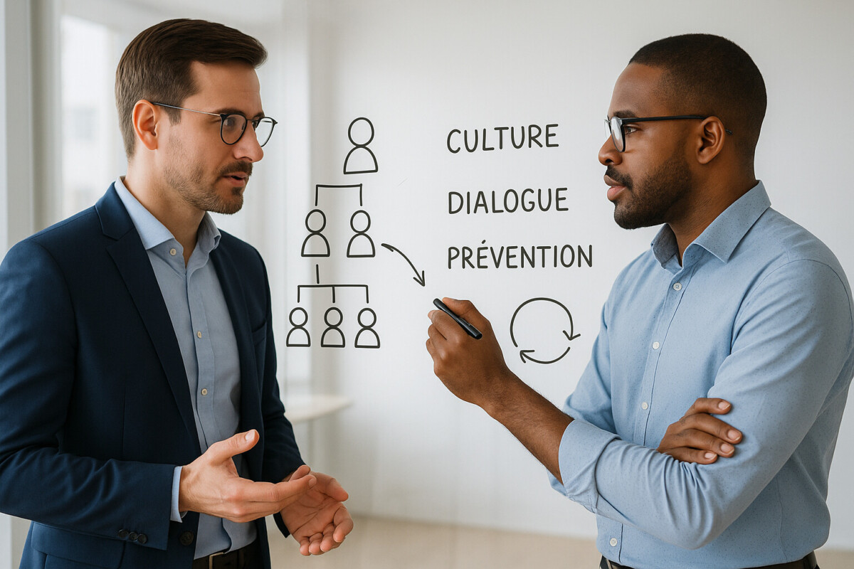 Deux collègues échangent de manière constructive devant un tableau blanc illustré de schémas hiérarchiques et de mots-clés tels que culture, dialogue et prévention. Cette scène met en lumière une approche proactive de la gestion du conflit au travail, dans laquelle le département des ressources humaines joue un rôle central : il facilite le dialogue, accompagne les managers, structure les processus de prévention, et veille à la diffusion d’une culture d’entreprise favorisant l’écoute et la coopération entre les parties prenantes.