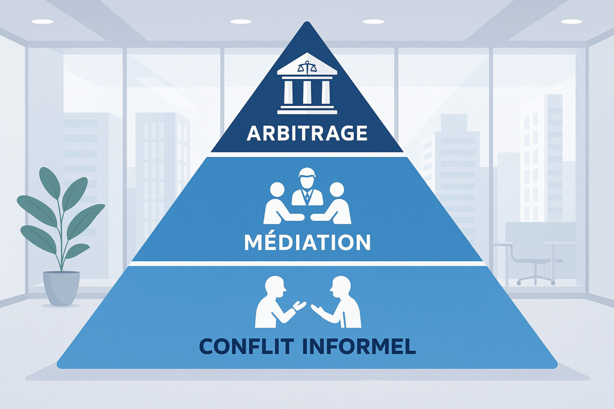 Illustration d’une pyramide à trois niveaux représentant les différentes étapes de résolution d’un conflit en entreprise. À la base de la pyramide, deux collaborateurs échangent directement dans un contexte informel, symbolisant le traitement spontané du différend. Au niveau intermédiaire, une tierce personne neutre facilite la discussion, illustrant la médiation comme approche structurée. Au sommet, des symboles de justice, tels qu’une balance ou un marteau, incarnent les voies de résolution formelle comme l’arbitrage ou le recours à un conseil. L’arrière-plan montre un cadre professionnel serein, suggérant un climat d’entreprise propice à la prévention et à la transformation des tensions. La pyramide traduit visuellement l’escalade en complexité et en formalisation des réponses apportées à un conflit en entreprise.