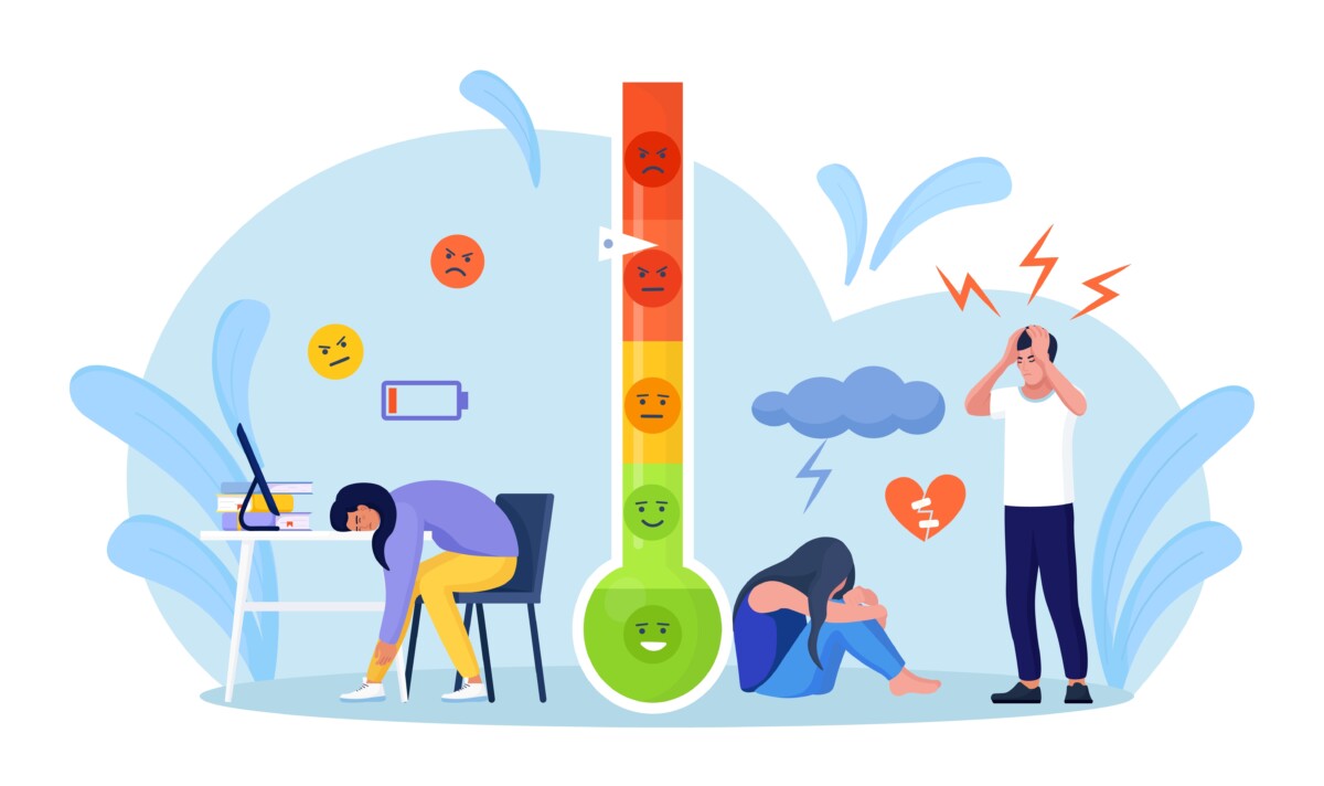 Cette illustration met en scène différents personnages affichant des signes visibles de stress, de fatigue, de tristesse ou de colère, autour d’un thermomètre émotionnel coloré allant du vert (calme) au rouge (colère intense). À leurs côtés, des icônes symbolisent l'épuisement (batterie vide), les tensions émotionnelles (cœur brisé, orage) et la surcharge mentale. Cette image illustre les indicateurs psychosociaux et émotionnels à surveiller pour évaluer l'efficacité des stratégies de prévention et de gestion du conflit en entreprise. Elle invite à reconnaître que ces signaux faibles, souvent négligés, sont pourtant essentiels pour anticiper ou désamorcer les tensions avant qu'elles ne dégénèrent.