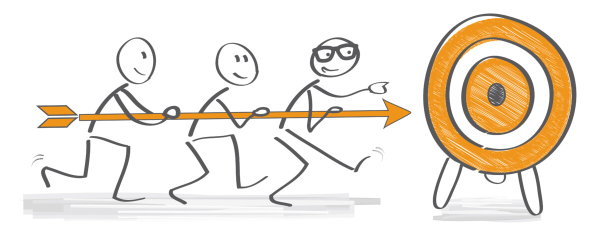 Illustration symbolique de collaborateurs avançant ensemble, unis autour d’une flèche qu’ils dirigent vers une cible commune. Cette scène incarne la cohésion d’équipe et la confiance entre collègues, éléments essentiels pour surmonter tout conflit au travail. Plutôt que de freiner le groupe, le désaccord devient ici moteur d’alignement et d’action collective orientée vers un objectif partagé.