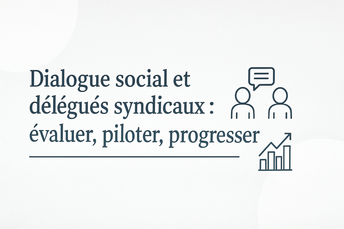 Visuel épuré à fond blanc avec pictogrammes illustrant le dialogue (deux silhouettes et une bulle de parole) et la progression (graphique de performance avec flèche montante). Le titre principal affiché en typographie soignée est : « Dialogue social et délégués syndicaux : évaluer, piloter, progresser ». L’image met en valeur une approche professionnelle et dynamique du dialogue social, en lien avec la performance collective, la mesure des relations sociales et le rôle stratégique du délégué syndical dans l’entreprise.