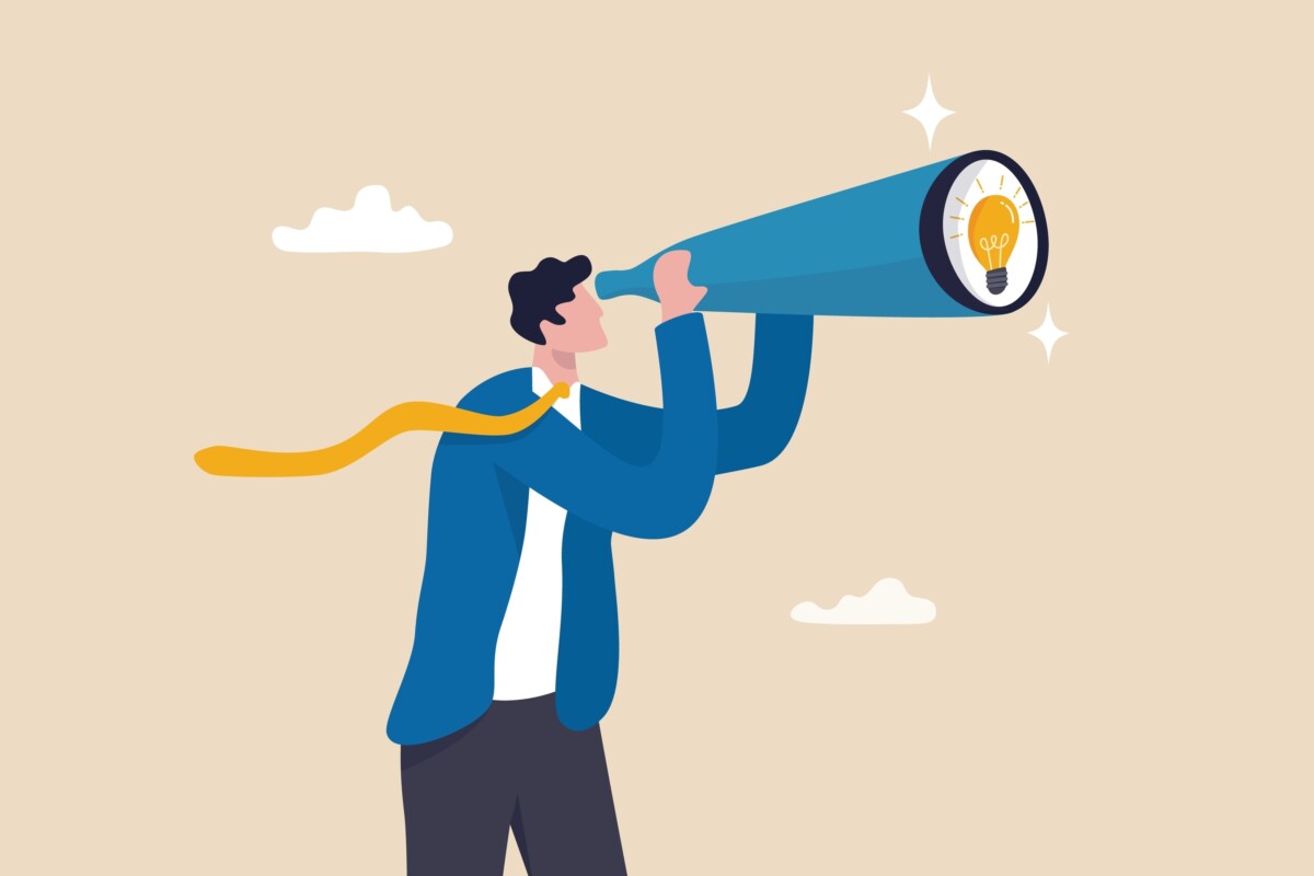 Illustration symbolique d’un homme regardant à travers une longue-vue où apparaît une ampoule, représentant une idée ou une solution. L’image évoque la recherche de nouvelles perspectives et d’approches innovantes pour anticiper ou résoudre un conflit en entreprise. Elle accompagne un article qui explore les méthodes méthodologiques et organisationnelles d’avant-garde pour transformer les tensions en opportunités de croissance collective.