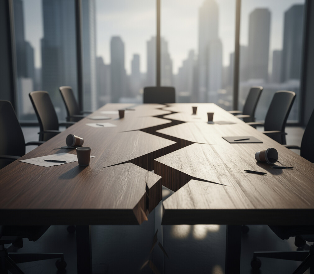 Photo symbolique représentant une grande table de réunion fissurée en son centre, dans une salle de conseil d’administration moderne donnant sur une ville d’affaires. Les chaises sont vides, des documents et gobelets renversés évoquent une rupture brutale du dialogue. Cette image illustre la fracture provoquée par un conflit social profond au sein d’une entreprise, lorsque la communication entre direction et représentants du personnel se rompt. Elle traduit visuellement l’échec du dialogue social et la désunion face à la transformation.
