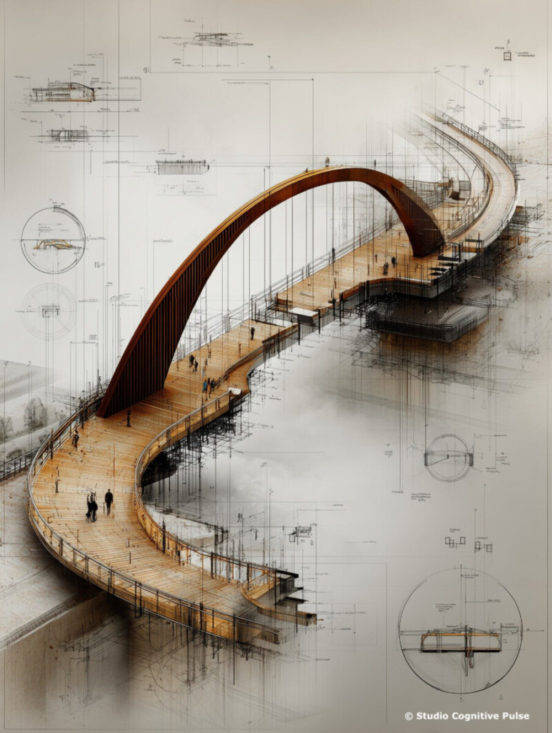 Une passerelle architecturale en bois, partiellement construite, émerge d’un ensemble de plans techniques complexes. L'ouvrage illustre le processus délicat de co-construction, de médiation et de structuration progressive d’un lien entre deux rives, symboles d’univers en tension ou en opposition. Des silhouettes humaines avancent sur cette structure encore en devenir, suggérant un chemin vers la réconciliation, la confiance ou l’écoute. Cette image métaphorique représente visuellement le rôle de l’ombudsman d’entreprise, dont la mission est de bâtir des ponts durables entre les individus, les équipes et les niveaux hiérarchiques en entreprise, dans le respect d’un cadre rigoureux et confidentiel.
