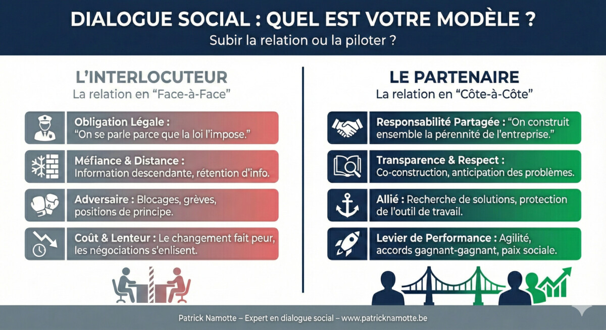 Infographie comparant deux modèles de dialogue social en entreprise: à gauche, la relation d’« interlocuteur » fondée sur l’obligation légale, la méfiance et le face‑à‑face conflictuel; à droite, la relation de « partenaire » basée sur la responsabilité partagée, la transparence et la co‑construction, illustrant le choix stratégique entre interlocuteurs ou partenaires sociaux.