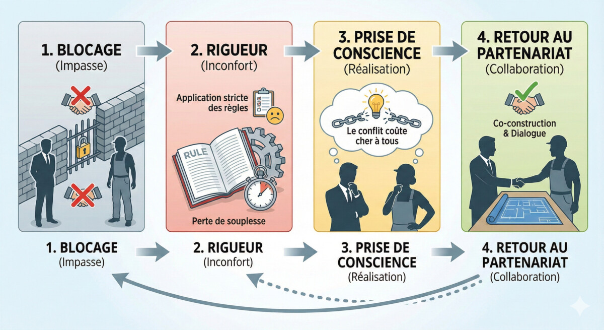 Schéma en quatre étapes illustrant la gestion d’un blocage syndical dans le dialogue social : 1. Blocage – impasse et rupture du dialogue, 2. Rigueur – application stricte des règles et inconfort pour les parties, 3. Prise de conscience – constat partagé que le conflit coûte à tous, 4. Retour au partenariat – reprise du dialogue, co‑construction et collaboration durable.