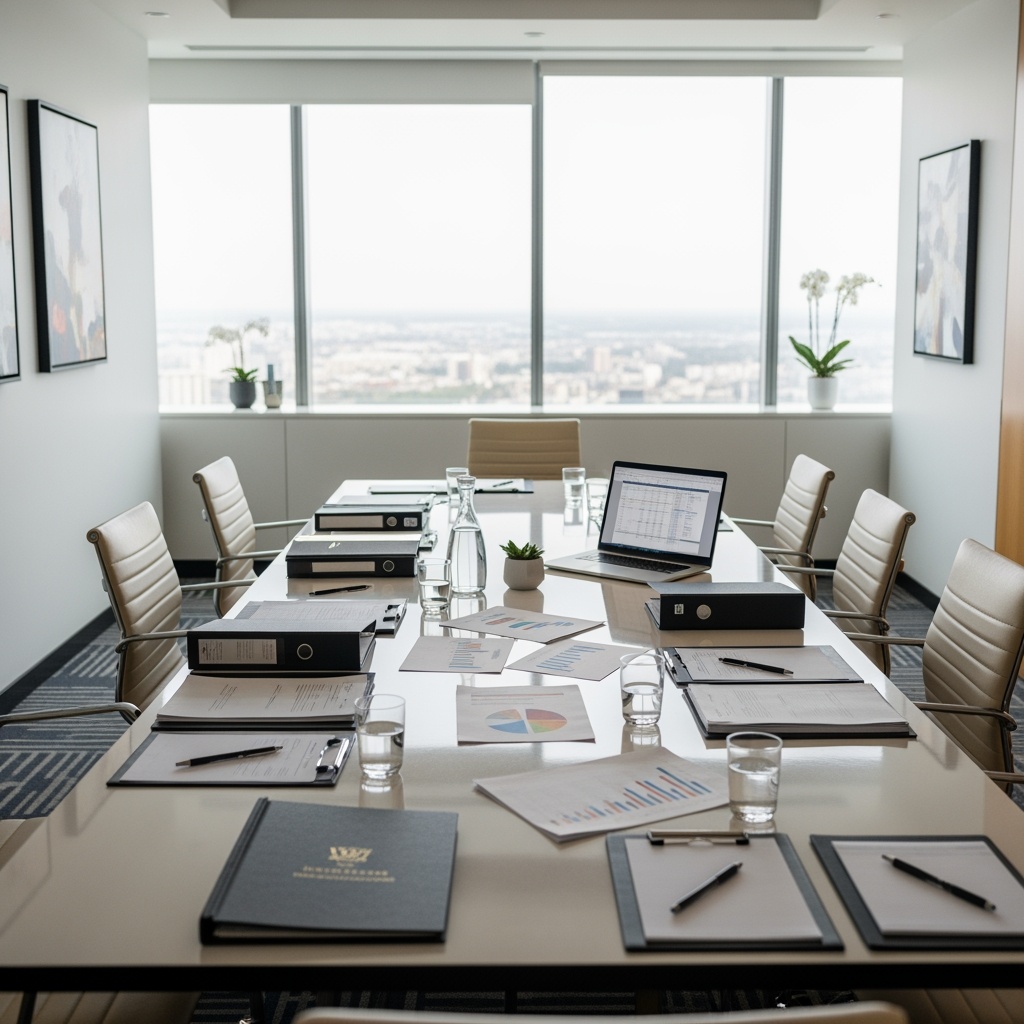 Salle de réunion professionnelle prête pour une négociation collective : table organisée avec dossiers, graphiques financiers, ordinateur portable et documents préparatoires, illustrant l’importance de la préparation d'une négociation sociale en Belgique avant l’ouverture des discussions entre employeur et partenaires sociaux.