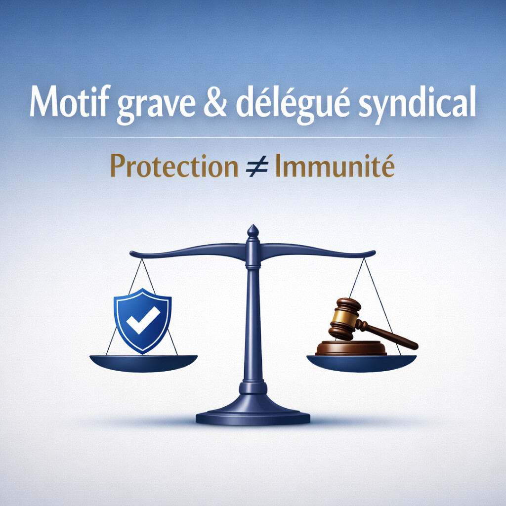 Illustration minimaliste représentant une balance de justice avec la mention « Protection ≠ Immunité », symbolisant l’équilibre juridique dans un motif grave délégué syndical entre protection syndicale et responsabilité contractuelle.