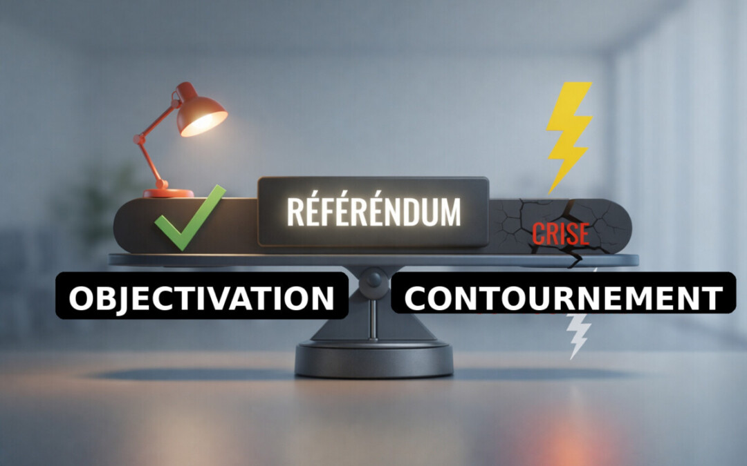 Balance illustrant le choix entre objectivation et contournement autour d’un référendum en entreprise en Belgique, avec d’un côté validation structurée et de l’autre risque de crise sociale.