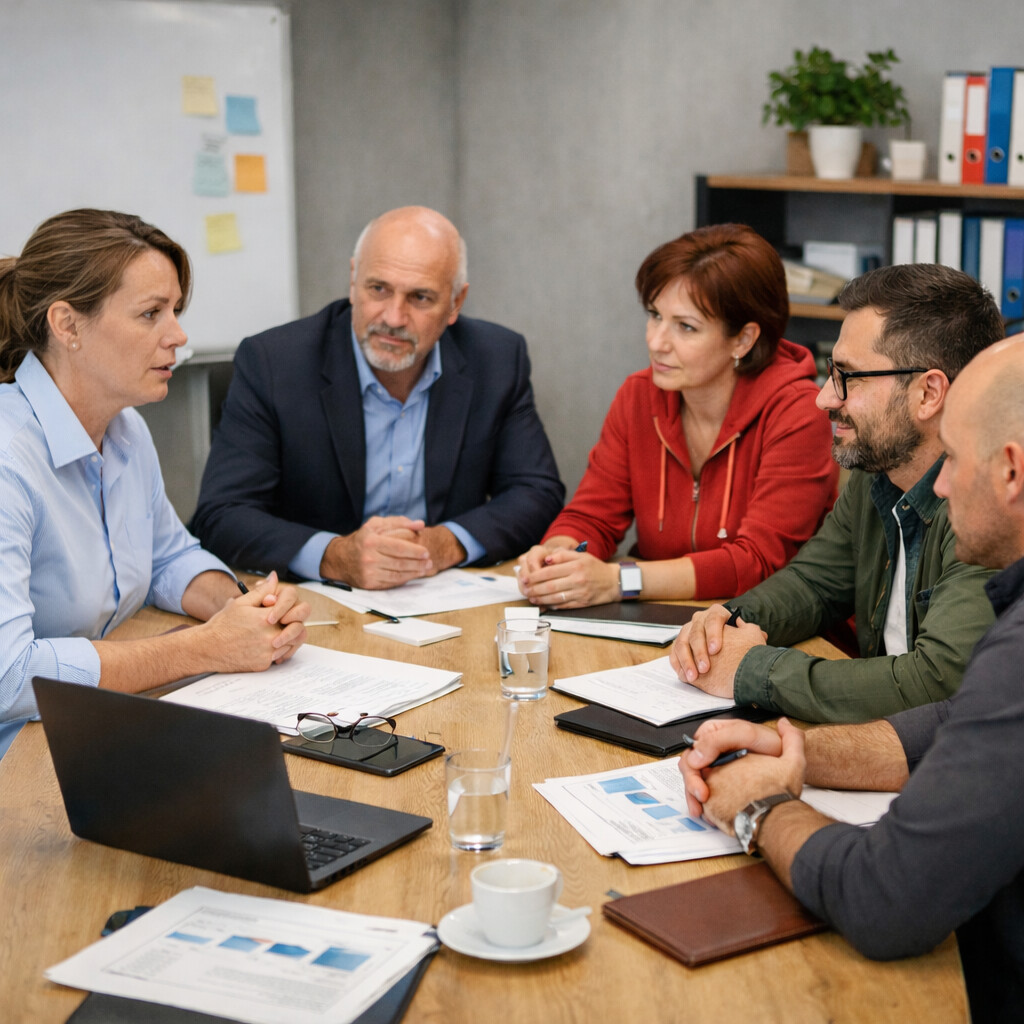 Réunion entre direction et délégation syndicale autour d’une table de travail, illustrant le formalisme d’une réunion délégation syndicale et la structuration du dialogue social en entreprise.