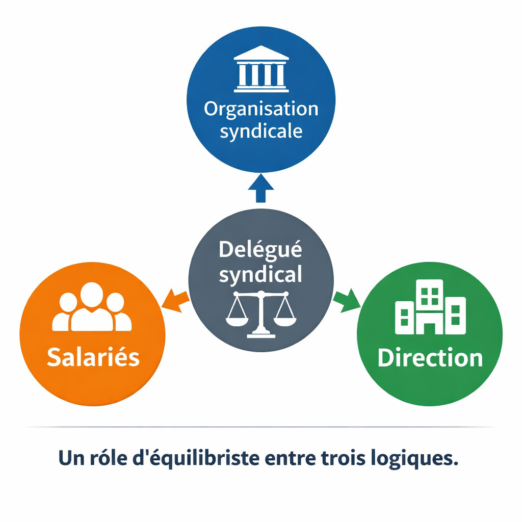 Schéma illustrant le rôle du délégué syndical comme intermédiaire entre les salariés, la direction et l’organisation syndicale en Belgique, montrant sa fonction d’équilibriste dans le dialogue social en entreprise.