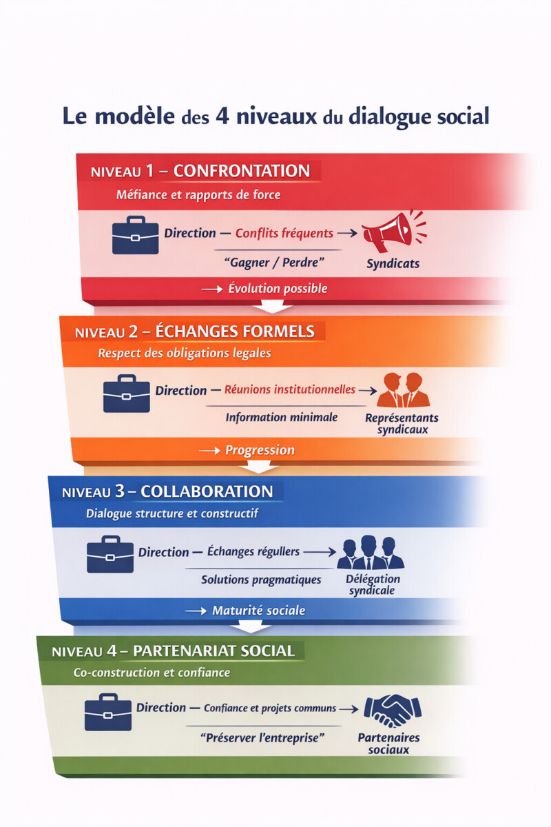 Infographie présentant les quatre niveaux du dialogue social en entreprise, de la confrontation au partenariat social entreprise.