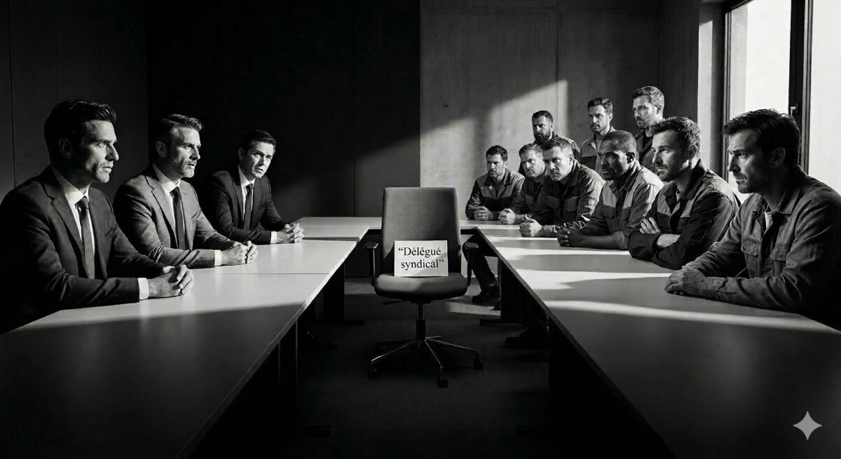 Réunion de dialogue social en entreprise avec un siège vide symbolisant la difficulté à susciter des candidatures de délégué syndical entre représentants de la direction et travailleurs.