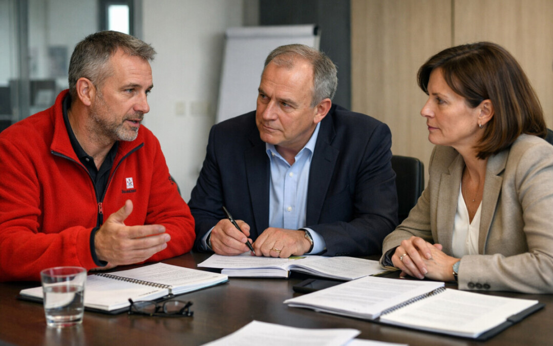 Trois professionnels en pleine discussion stratégique autour d'une table de bureau. Un homme à gauche, portant une veste rouge, s'exprime avec animation en faisant un geste de la main. Au centre, un homme en costume écoute attentivement tout en tenant un stylo sur un dossier ouvert. À droite, une femme en tailleur beige observe la scène avec sérieux. Des carnets de notes et des documents de travail sont disposés devant eux. Cette image illustre une réunion de concertation formelle, soulignant l'importance de structurer la relation avec les délégués syndicaux par un dialogue direct et professionnel.