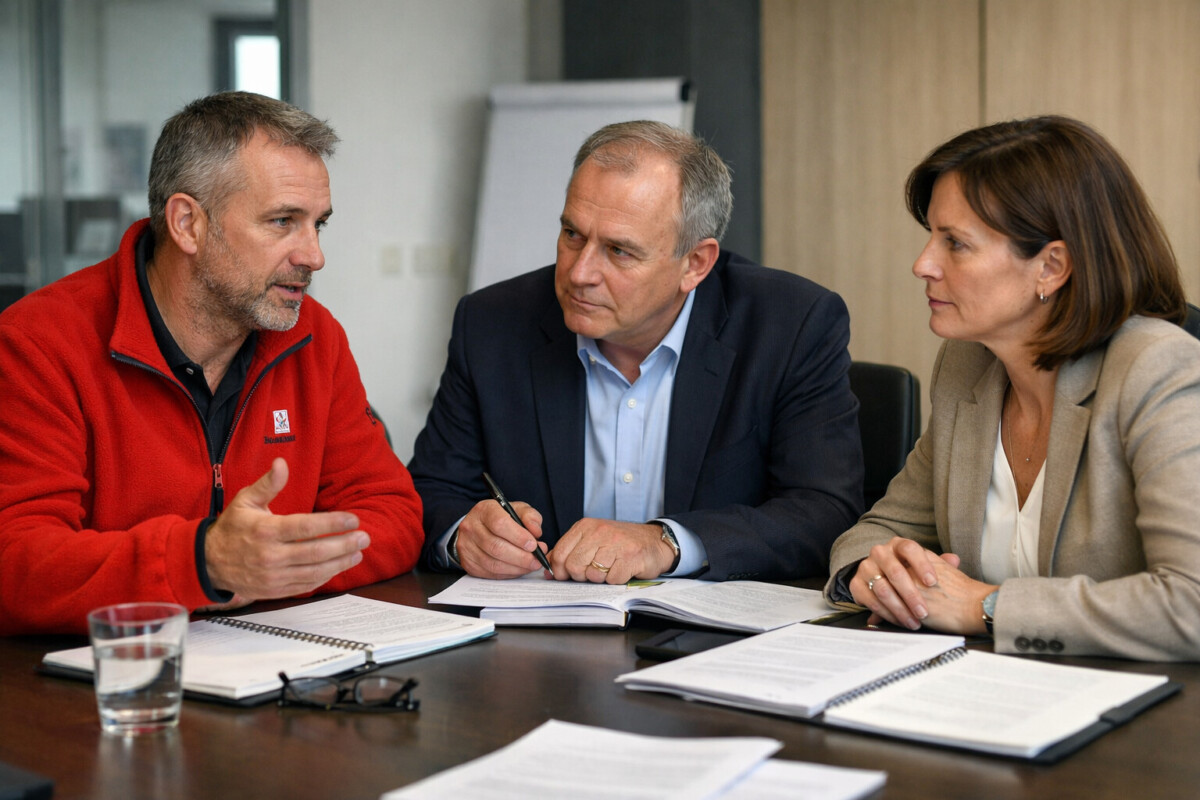 Trois professionnels en pleine discussion stratégique autour d'une table de bureau. Un homme à gauche, portant une veste rouge, s'exprime avec animation en faisant un geste de la main. Au centre, un homme en costume écoute attentivement tout en tenant un stylo sur un dossier ouvert. À droite, une femme en tailleur beige observe la scène avec sérieux. Des carnets de notes et des documents de travail sont disposés devant eux. Cette image illustre une réunion de concertation formelle, soulignant l'importance de structurer la relation avec les délégués syndicaux par un dialogue direct et professionnel.
