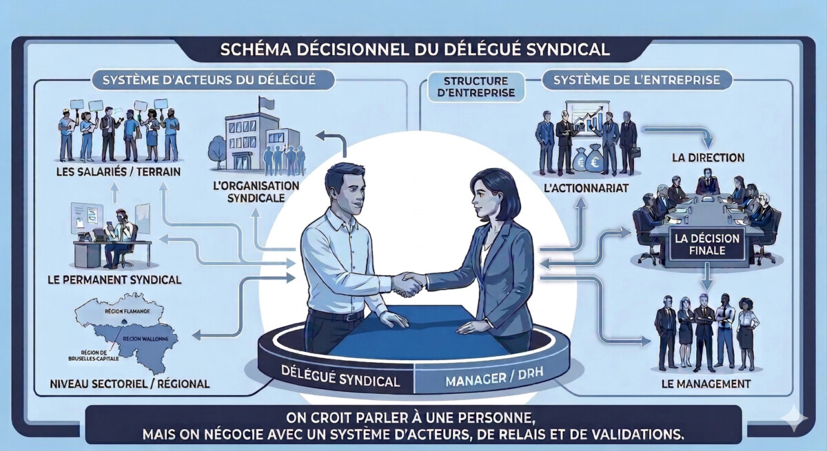 Un schéma infographique intitulé « Schéma décisionnel du délégué syndical ». Au centre, un homme (délégué syndical) et une femme (manager/DRH) se serrent la main au-dessus d'une table, symbolisant le dialogue. Autour d'eux, deux écosystèmes sont détaillés : à gauche, le « Système d'acteurs du délégué » incluant les salariés de terrain, l'organisation syndicale, le permanent syndical et les niveaux sectoriels/régionaux (illustrés par une carte de la Belgique) ; à droite, le « Système de l'entreprise » montrant l'actionnariat, la direction prenant la décision finale et le management. Des flèches indiquent les interactions complexes entre ces pôles. Une légende en bas souligne que l'on négocie avec un système de relais et de validations, et non une seule personne.
