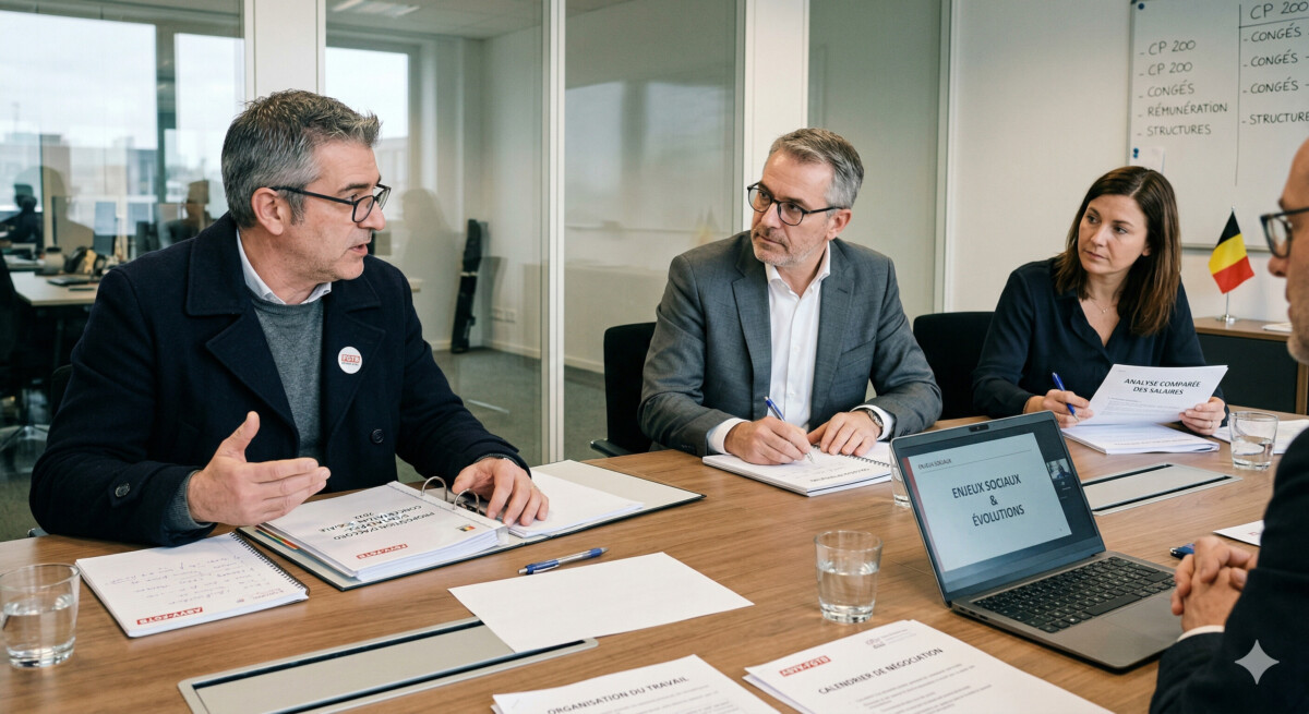 Une réunion avec un délégué syndical en Belgique. Un homme d'âge mûr (représentant le profil d'un délégué syndical expérimenté) s'exprime avec conviction, un dossier ouvert devant lui. À ses côtés, un collaborateur prend des notes et une femme examine attentivement un document intitulé « Analyse comparée des salaires ». L'atmosphère est studieuse et professionnelle, illustrant l'importance des compétences techniques et de la préparation dans les interactions entre la direction et le délégué syndical.