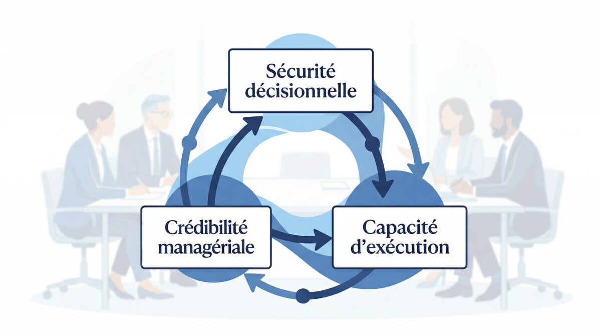 Un schéma conceptuel circulaire composé de trois flèches bleues formant une boucle continue. Au centre de chaque point de jonction se trouve un rectangle blanc contenant du texte en bleu : « Sécurité décisionnelle » au sommet, « Crédibilité managériale » en bas à gauche, et « Capacité d’exécution » en bas à droite. En arrière-plan, en transparence légère, on distingue quatre professionnels — un manager, un RH et deux délégués syndicaux (deux hommes et deux femmes) — assis autour d'une table de réunion dans un bureau vitré, illustrant l'aspect humain et organisationnel de la relation avec les délégués syndicaux. Le diagramme symbolise l'interdépendance de ces trois piliers pour une gouvernance sociale réussie.