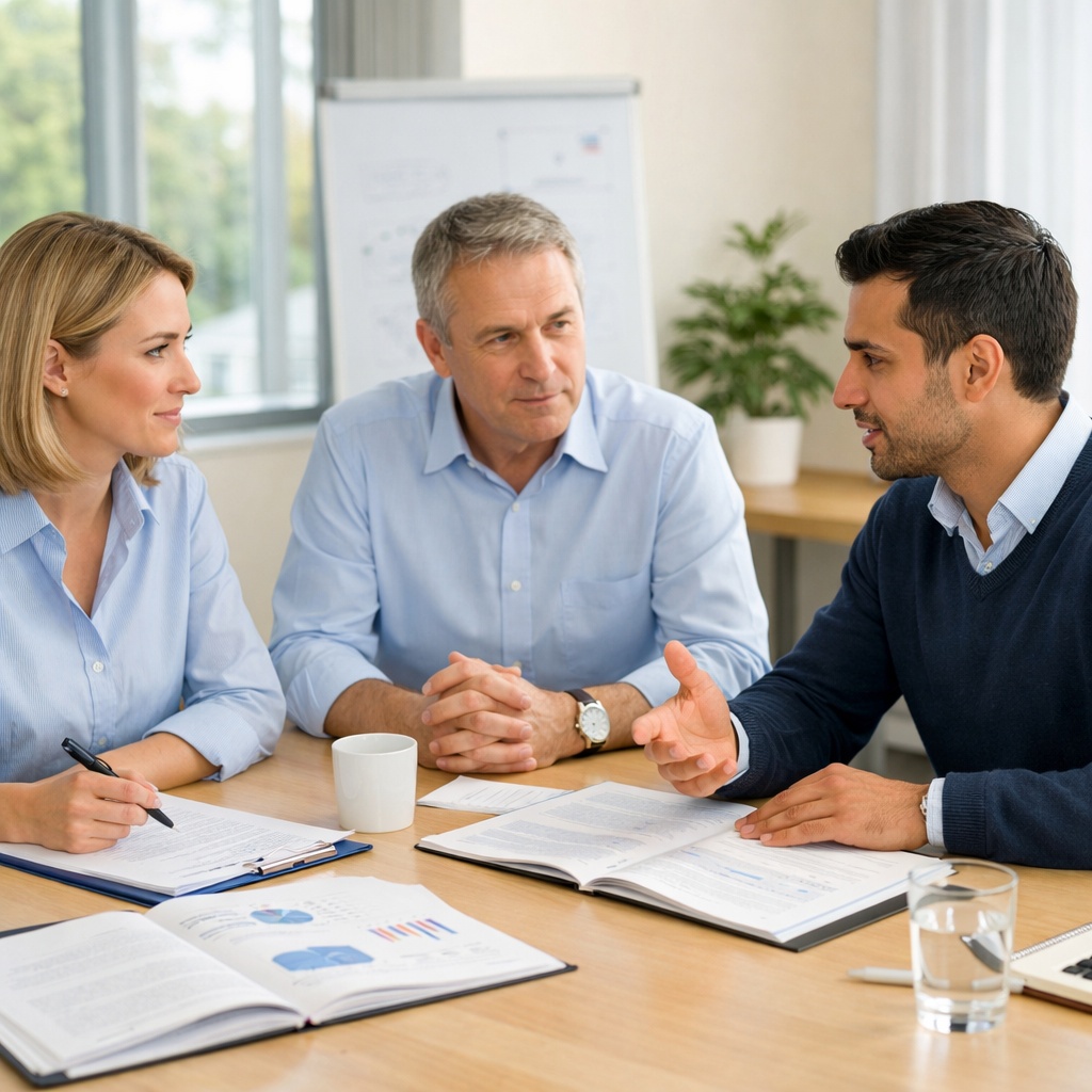 Une réunion de travail entre trois professionnels dans un bureau clair. Un homme plus jeune, à droite, explique un point avec des gestes calmes tandis qu'un homme plus âgé au centre et une femme à gauche l'écoutent avec une attention soutenue. Des documents ouverts, des graphiques et des dossiers sont disposés sur la table en bois. Cette scène illustre un échange structuré et professionnel, typique d'une discussion sur le cadre juridique et la protection du délégué syndical en Belgique.